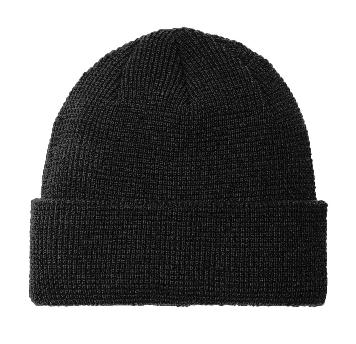 Black knit beanie on a white background