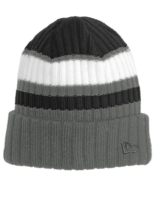 A striped beanie with ribbed details, featuring a New Era logo embroidery on the cuff.