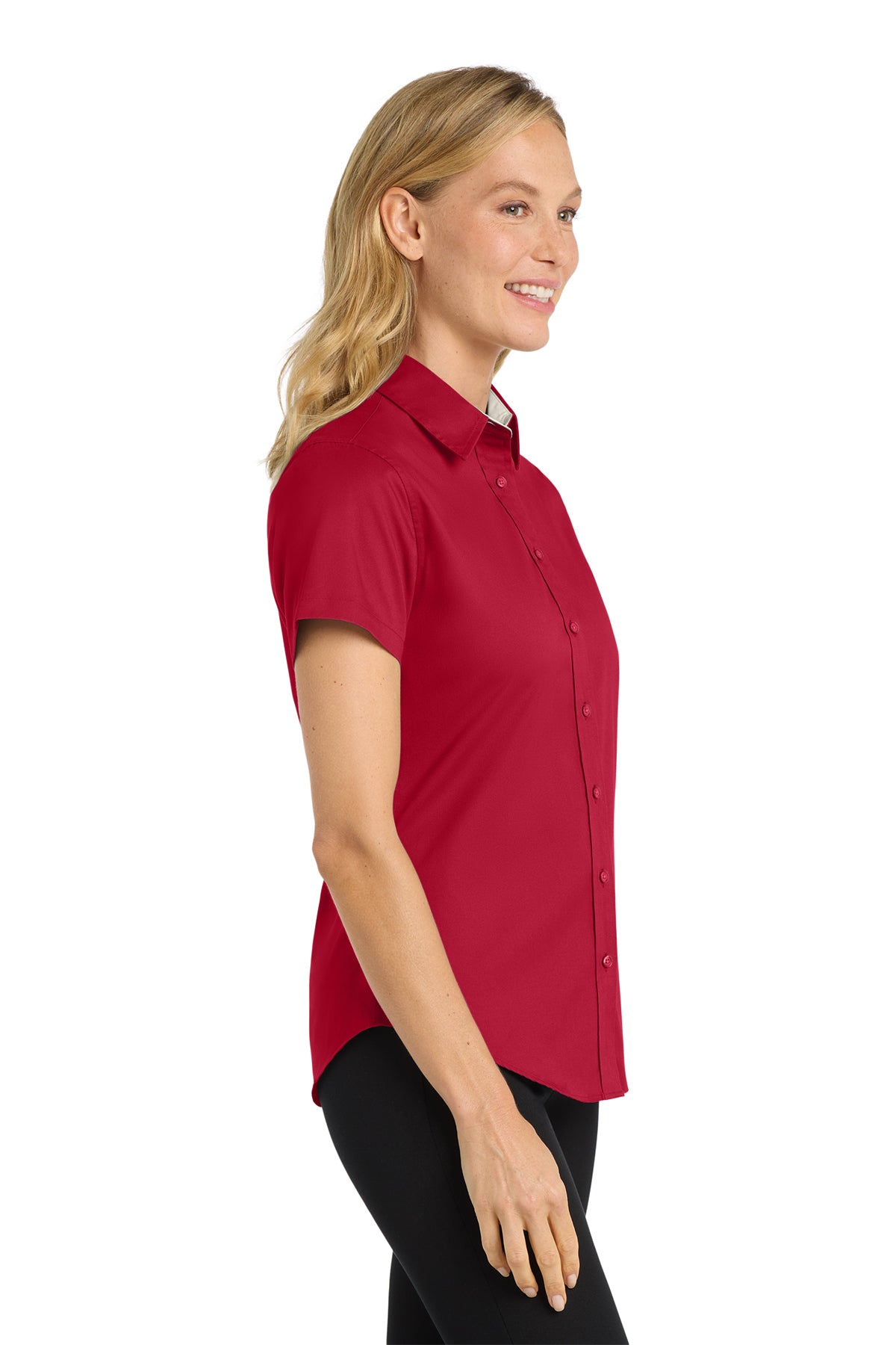 Woman wearing a red short-sleeve shirt on a white background